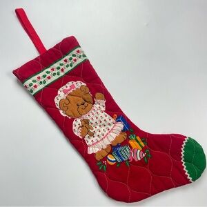Christmas Stocking Teddy Bear Children's Baby Red Quilted Holiday Decor Handmade